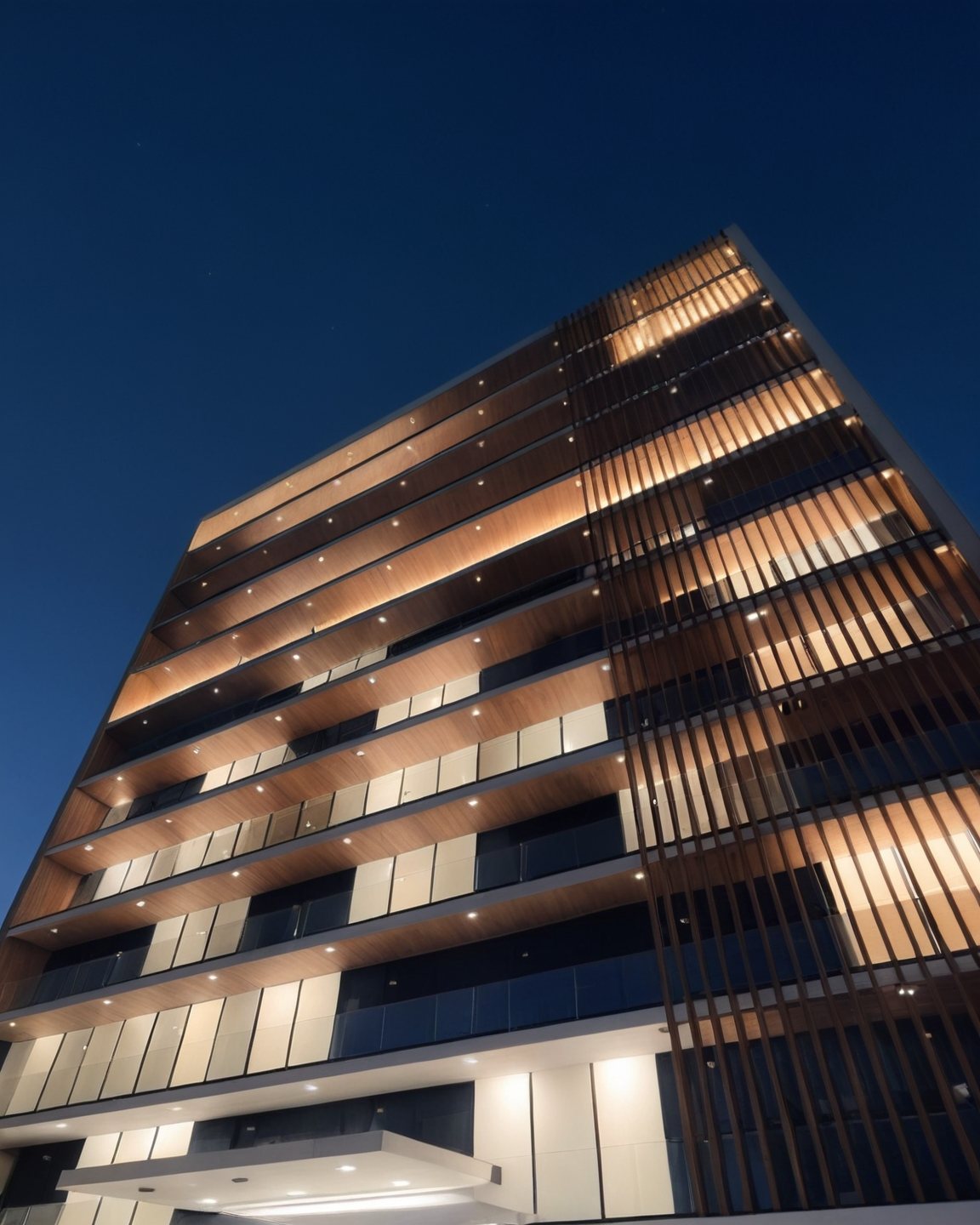 Ahşap dikey lamelli, cam korkuluklu modern konut cephesi; balkon saçaklarında sıcak spot ışıkları.